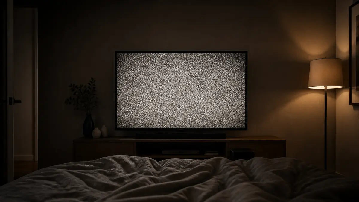 A bedroom television filling a dark bed with a soft brown snow glow, no interface labels. Brown noise here is static plus a low rumble in this tab, not a solid color page.