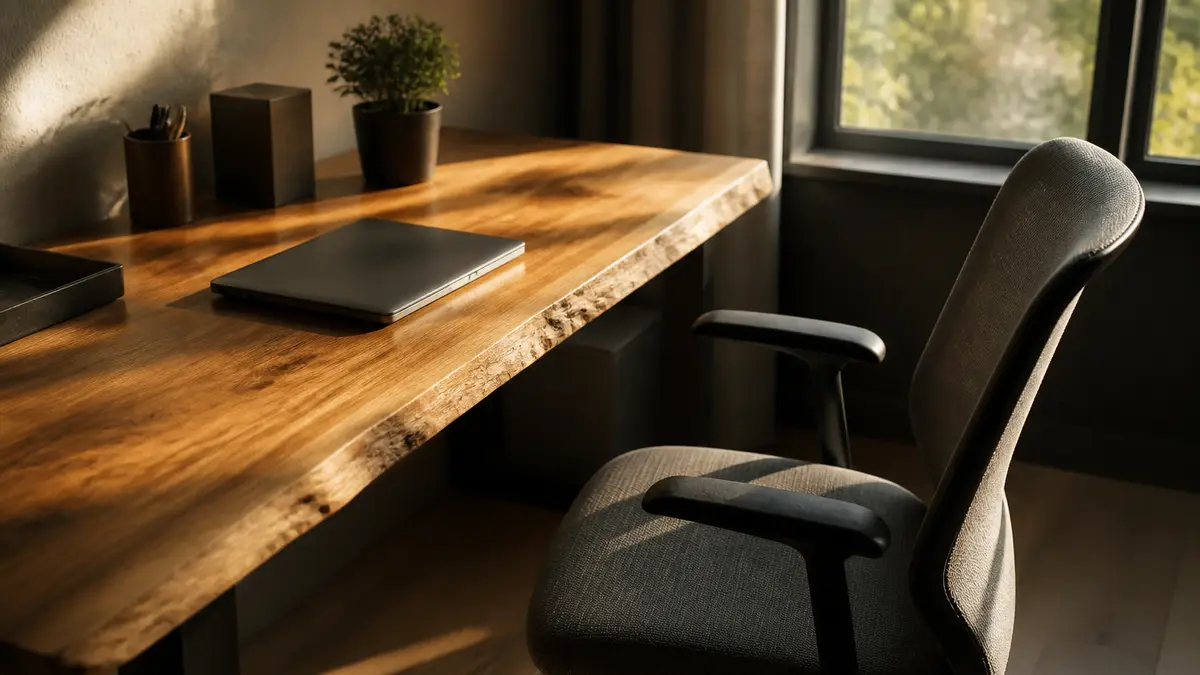 An empty office chair and a closed laptop on a wooden desk in late light, no readable screen text. This is the start-delay moment before the brown noise overlay runs.