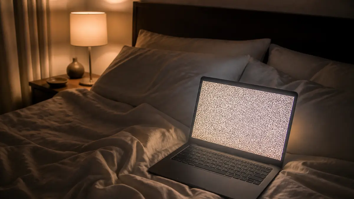 A laptop in a dim bedroom filling the duvet with a warm brown-gray glow, no letters or logos. Fullscreen is for the room; Esc is the reveal.