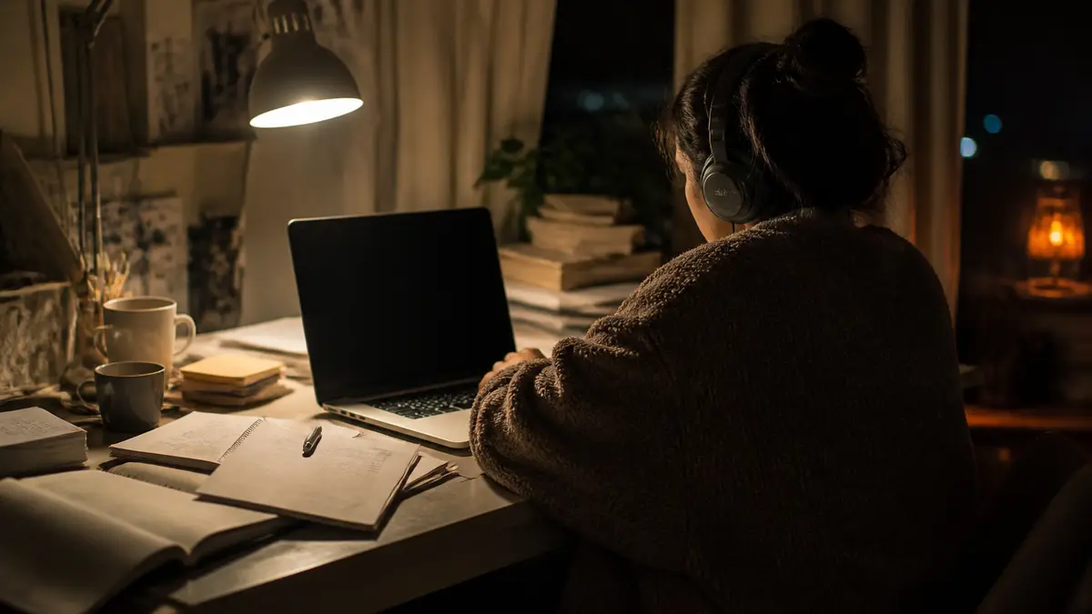 A person wearing headphones at a night desk, laptop screen not readable. Sleep and focus use the same rumble; close the tab and it is gone.