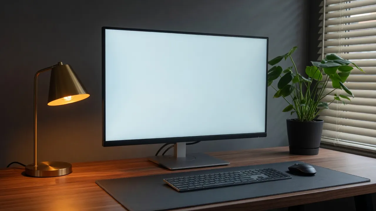 Volledig wit scherm op een monitor in een thuiskantoor