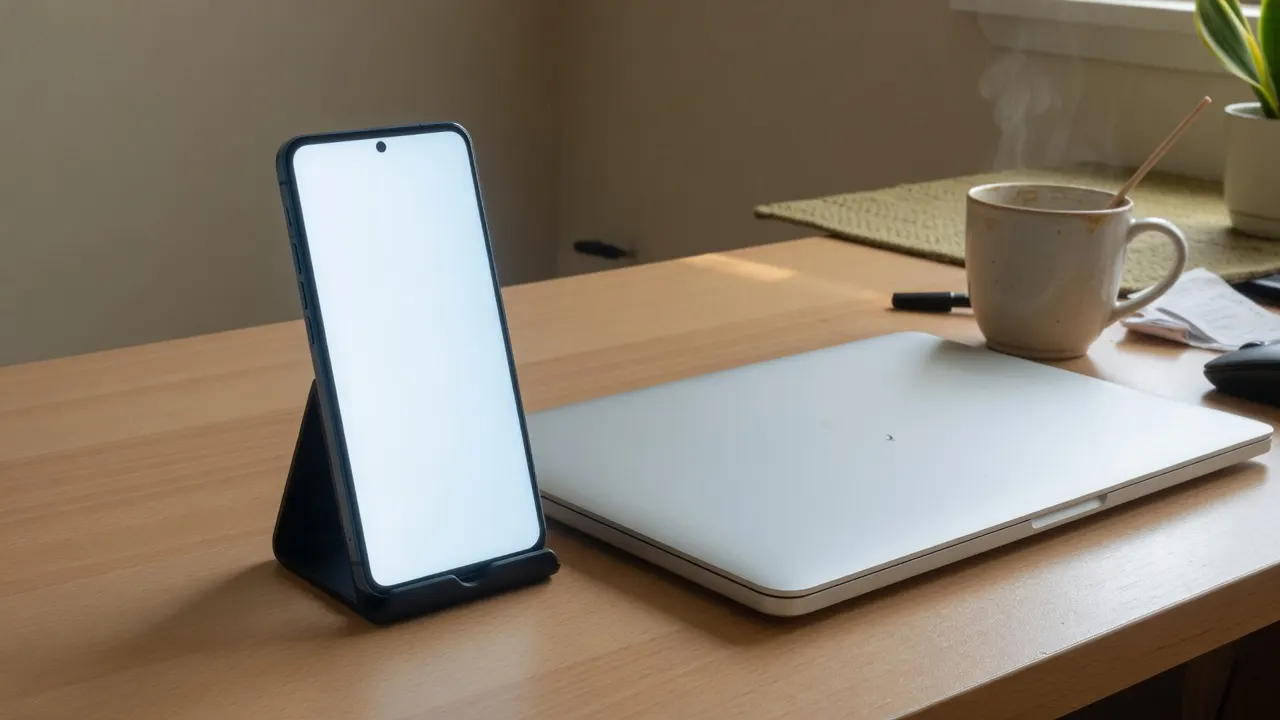 Telefoon met fel wit scherm als licht naast een laptop