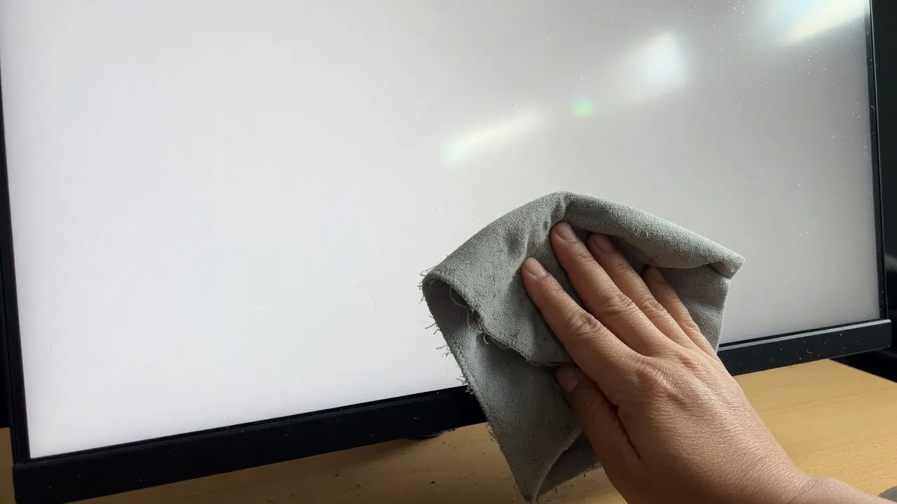 Hand poetst een monitor met een microvezeldoek op een wit scherm
