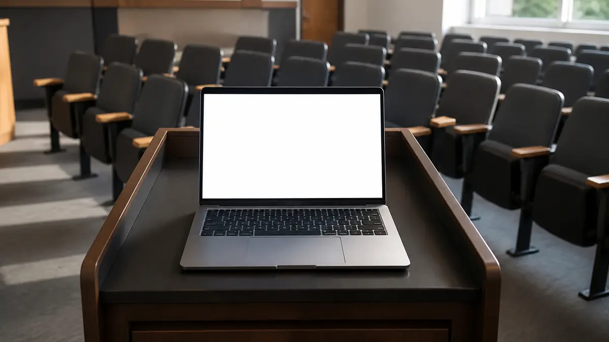 A lecture-room lectern with an open laptop facing empty seats, the screen a bright white field. The countdown is remaining time in this tab, not the time of day and not a wall clock.