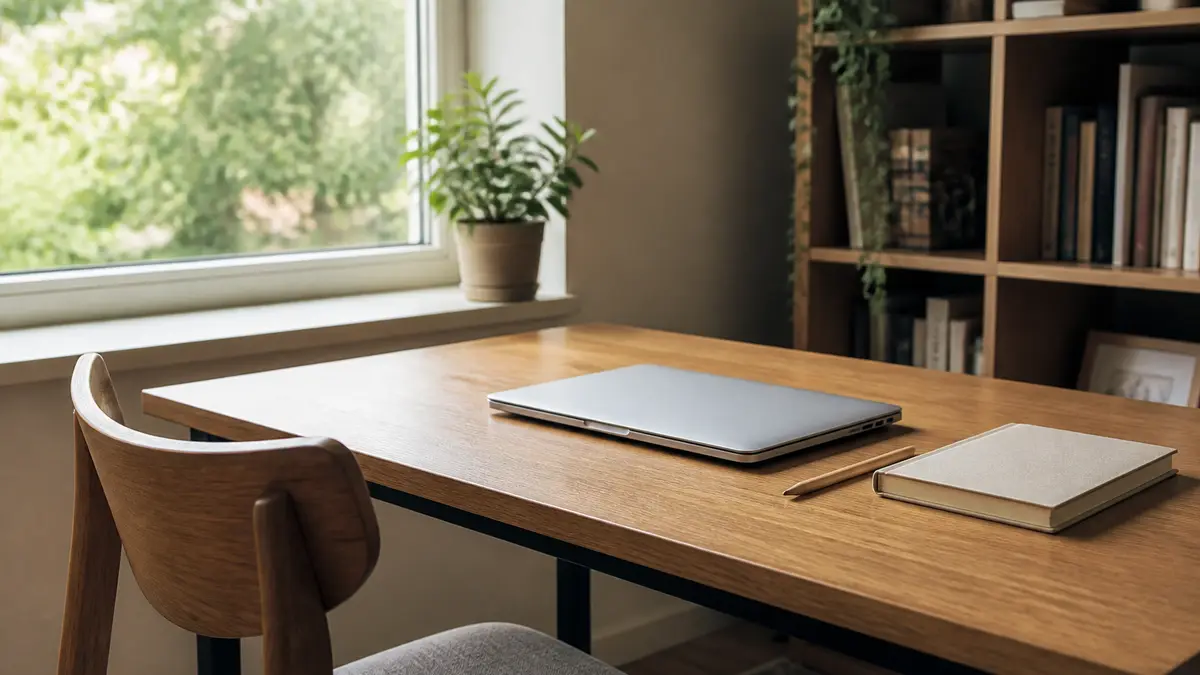 A study desk in daylight with a closed laptop, a pencil, and a notebook ready before a timed block. This is the duration step on the countdown page: pick how long, then start fullscreen.