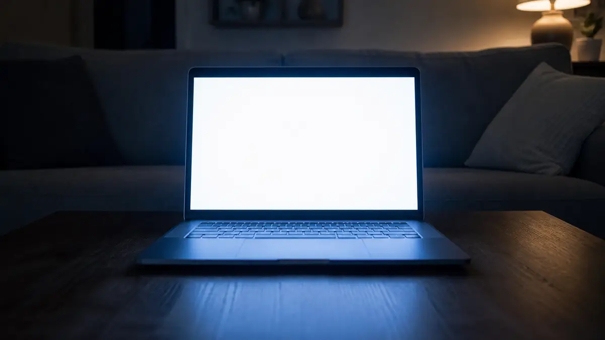 An open laptop filling a dim living room with a cool white glow, a couch and lamp behind it. Browser chrome is the usual giveaway; Start fullscreen or F11 covers the display for the remaining-time clock.