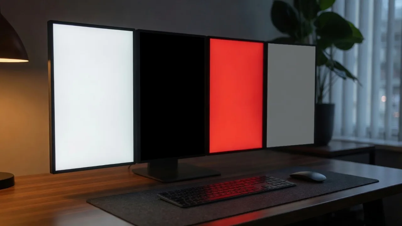 Quatre écrans de test : blanc, noir, rouge et gris pour ce test