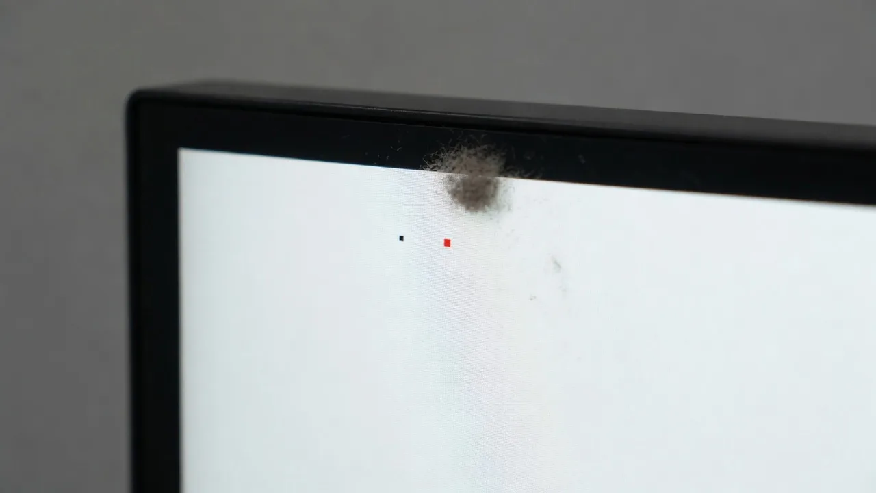 Gros plan d’un pixel mort, d’un pixel coincé rouge et de poussière sur le verre