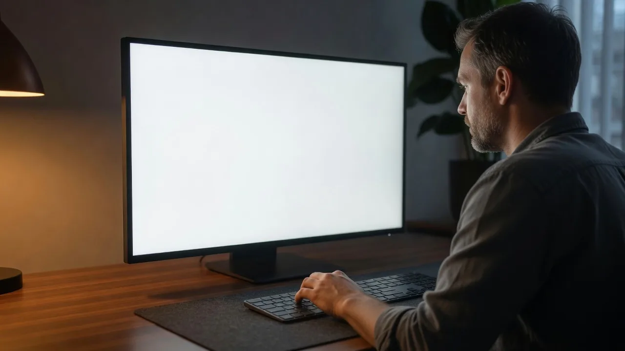 Personne lançant un test pixel mort en plein écran sur un moniteur blanc