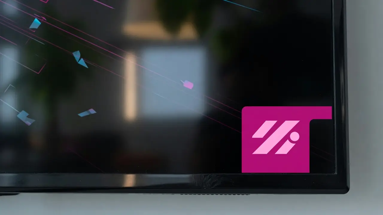 Close-up van magenta stuiterend logo in de rechteronderhoek