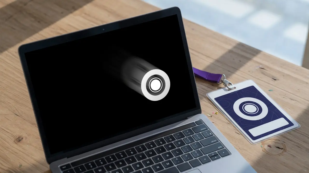 Laptop met een aangepaste DVD screensaver naast een eventbadge