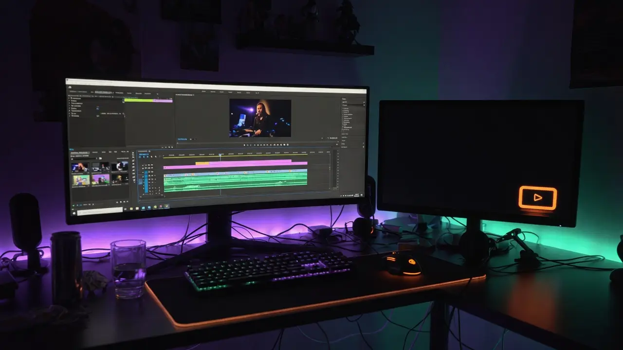 Tweede monitor met een donkere aangepaste DVD screensaver op een streamdesk