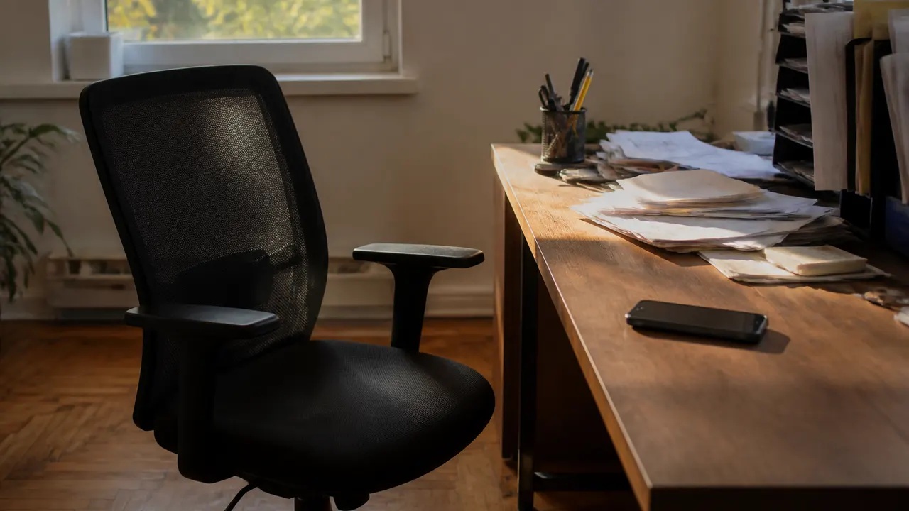 Empty chair and a phone face-up on a desk after someone walked away, no readable screen text