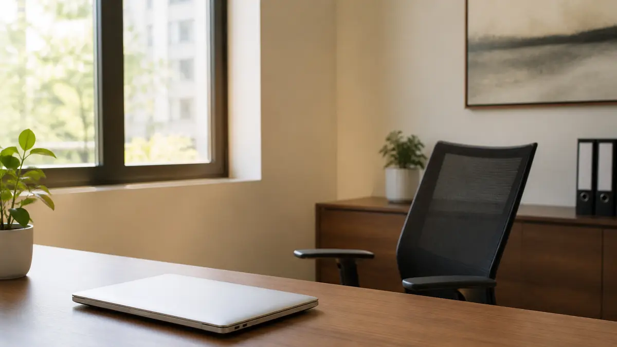 Empty office chair and a closed-lid laptop left on a desk after someone walked away, no readable screen text