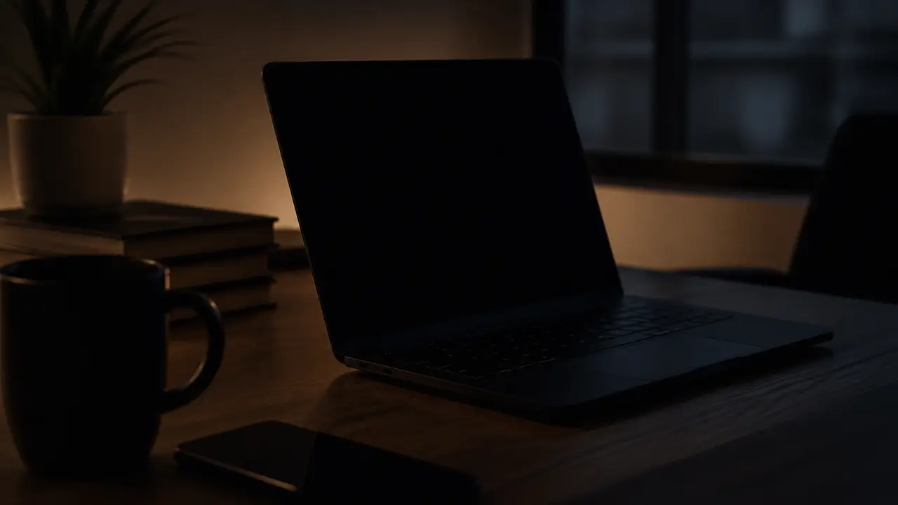 Near-black laptop glow on a desk with a faint window light, no interface labels