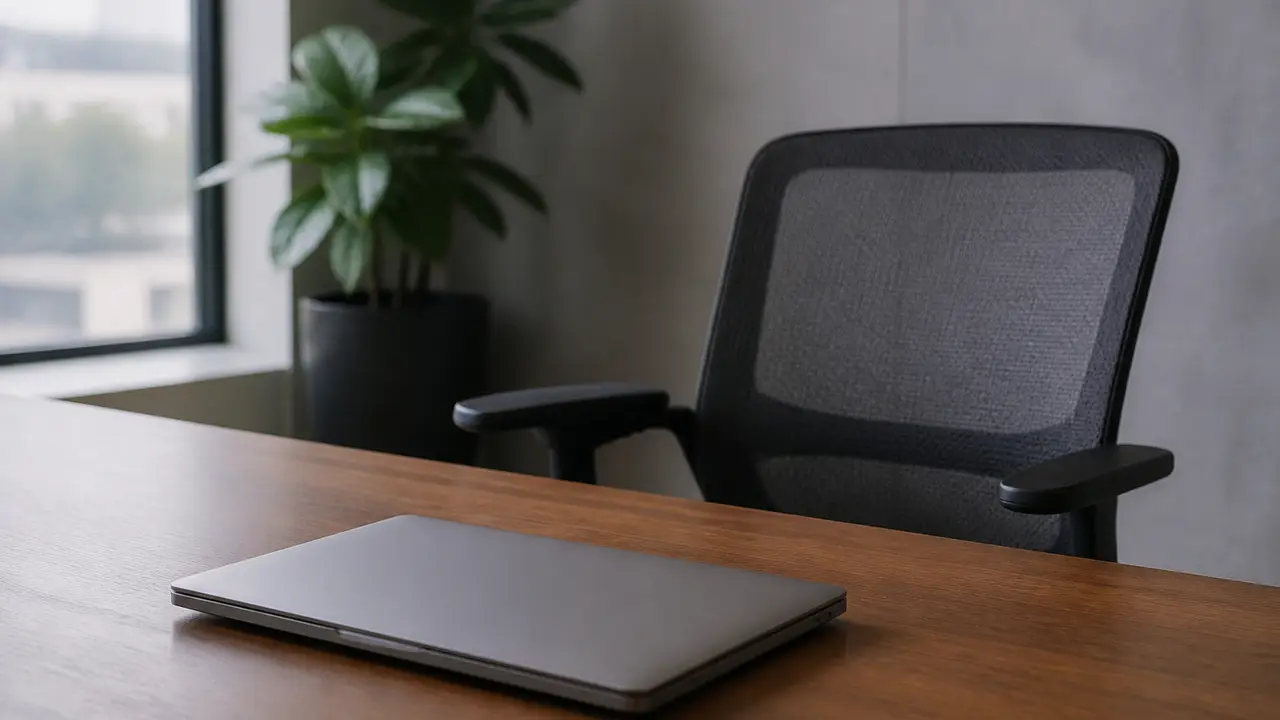 Empty office chair and a closed laptop on a wooden desk, no readable screen text