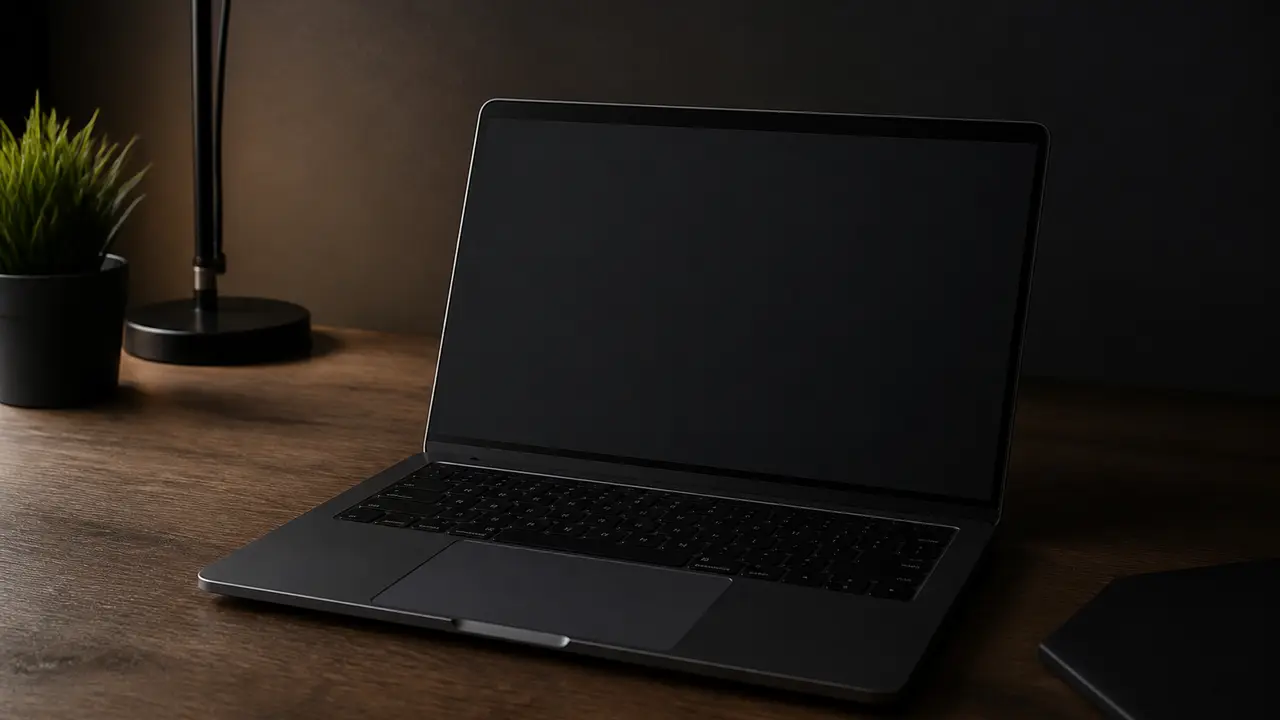 Laptop in a dim room filling the desk with a solid dark glow, no letters or logos