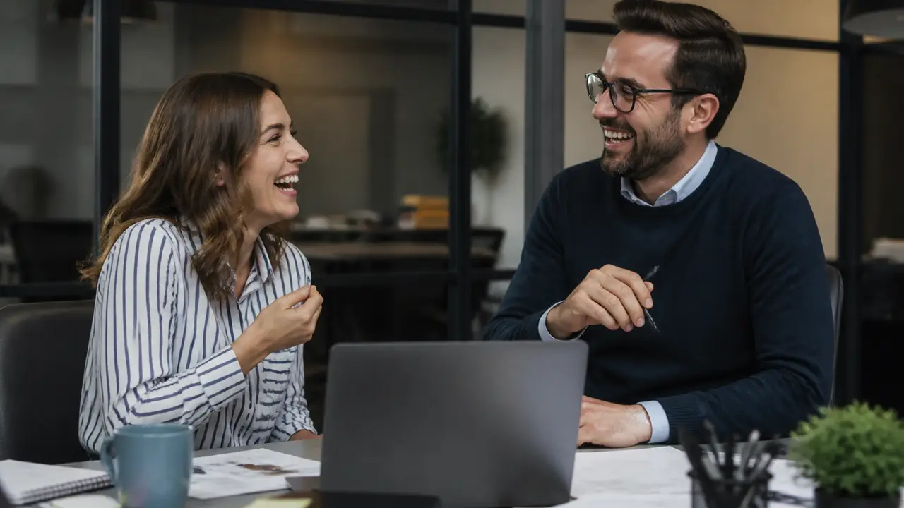 Two coworkers laughing beside a messy desk after a short joke, laptop screen not readable