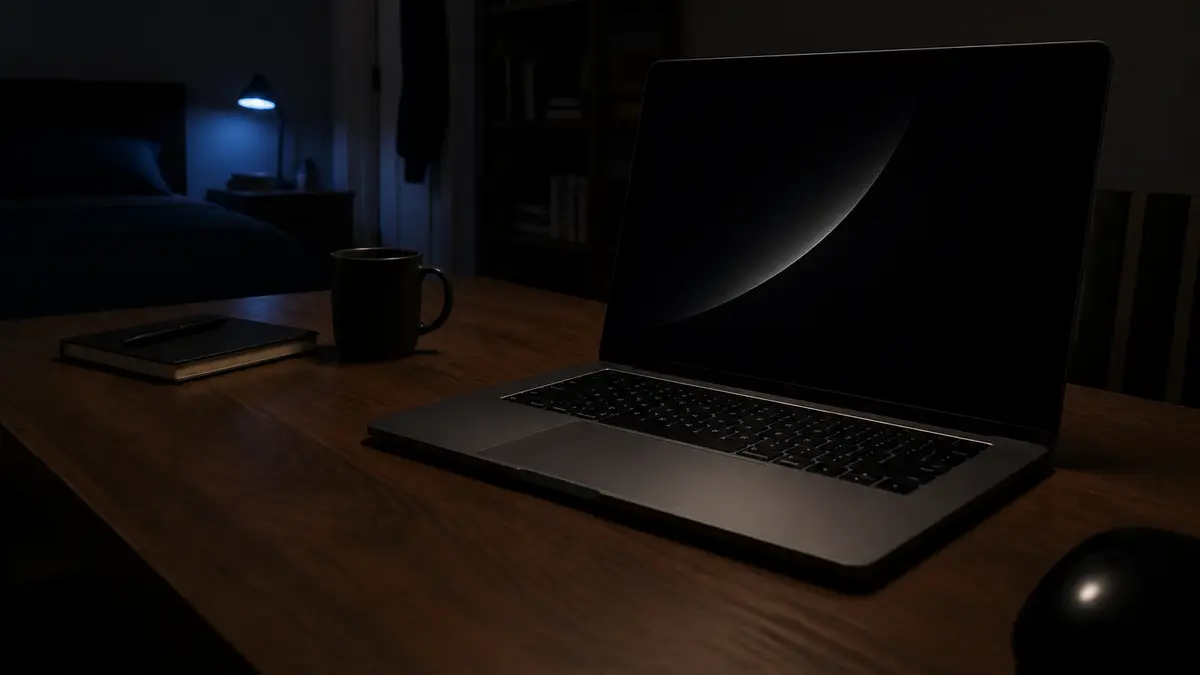 Near-black laptop glow in a dim bedroom with a faint crescent light, no interface labels