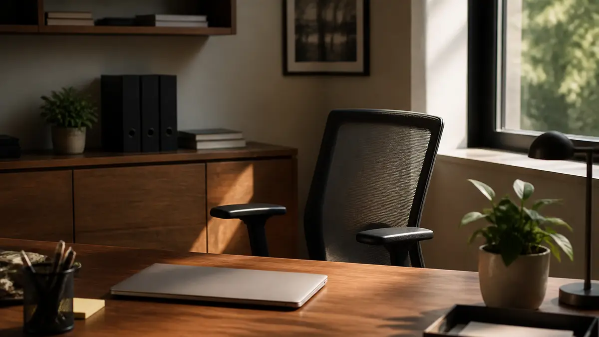Empty office chair and a closed-lid laptop left on a desk after someone walked away, no readable screen text