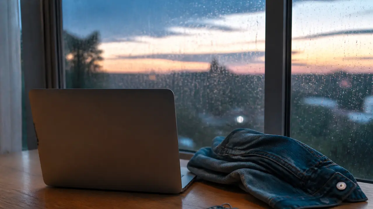 Window-side table at dusk, laptop facing away beside a folded jacket and keys