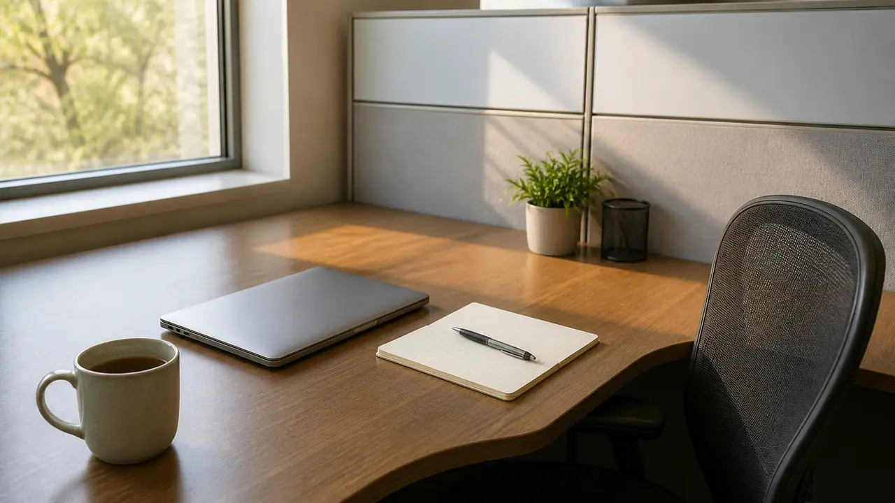 Shared-office desk with a closed laptop, a mug, and a notepad left mid-sentence