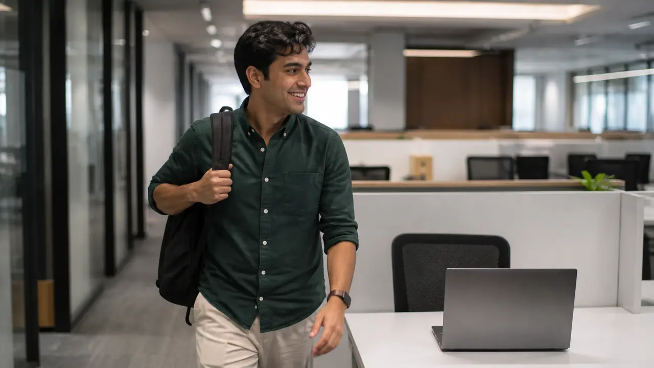 Someone grinning while walking past a desk, laptop lid half closed and turned away