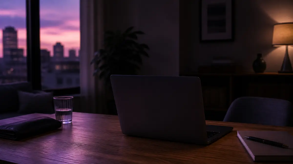 Near-plum laptop glow on a desk with a faint window light, no interface labels