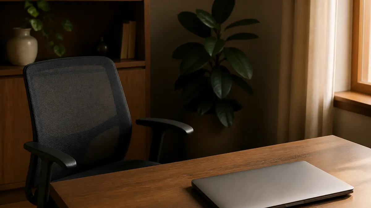 Empty office chair and a closed laptop on a wooden desk, no readable screen text