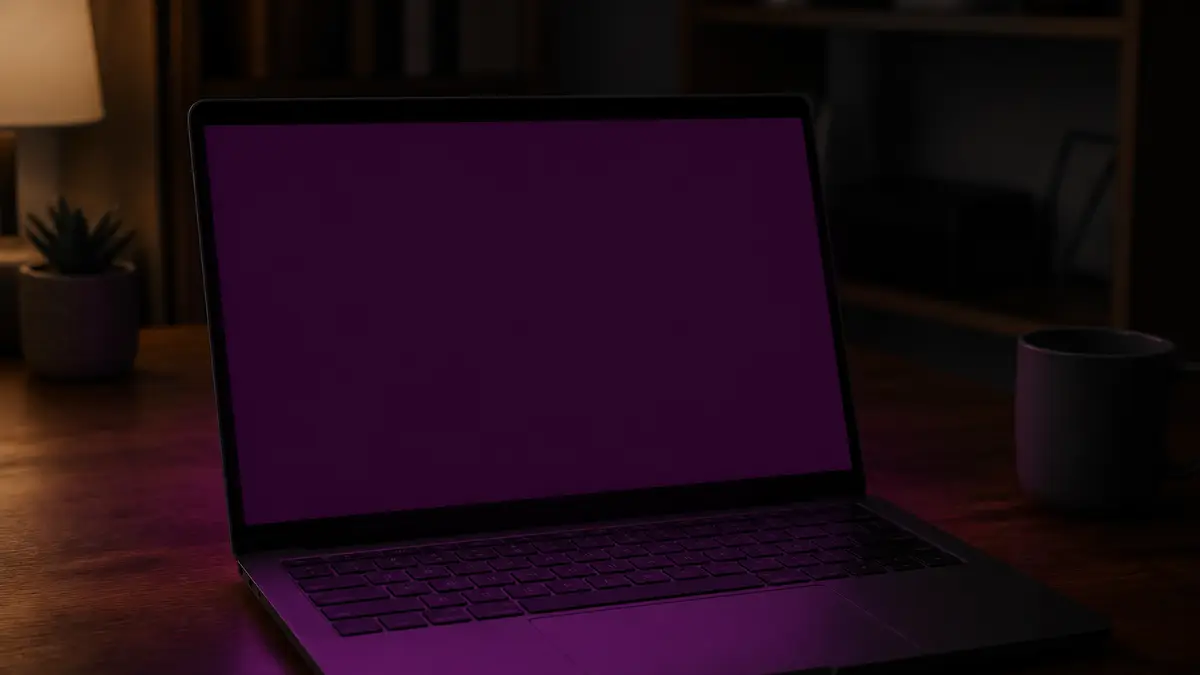 Laptop in a dim room filling the desk with a solid plum glow, no letters or logos