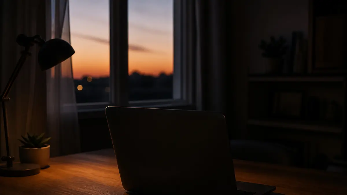Laptop facing away on a dusk desk with a faint dark glow and window light