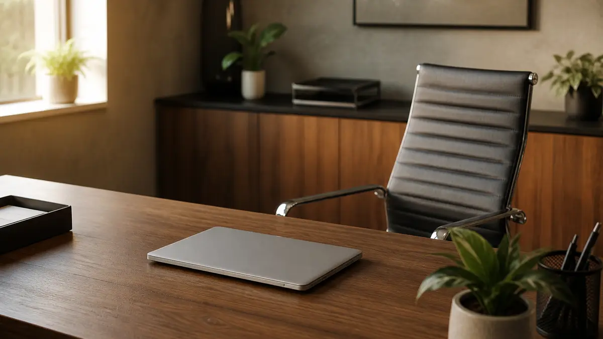 Empty office chair and a closed laptop on a wooden desk, no readable screen text