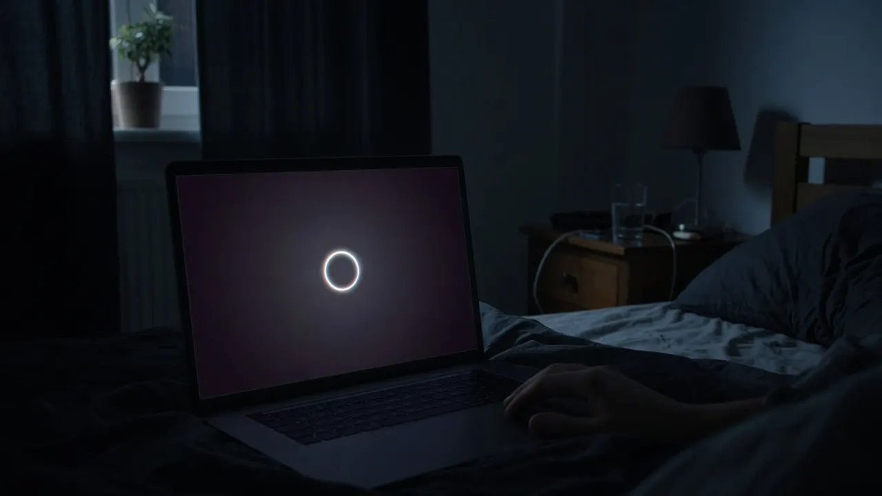 Near-black laptop glow in a dim bedroom with a faint circular light, no interface labels