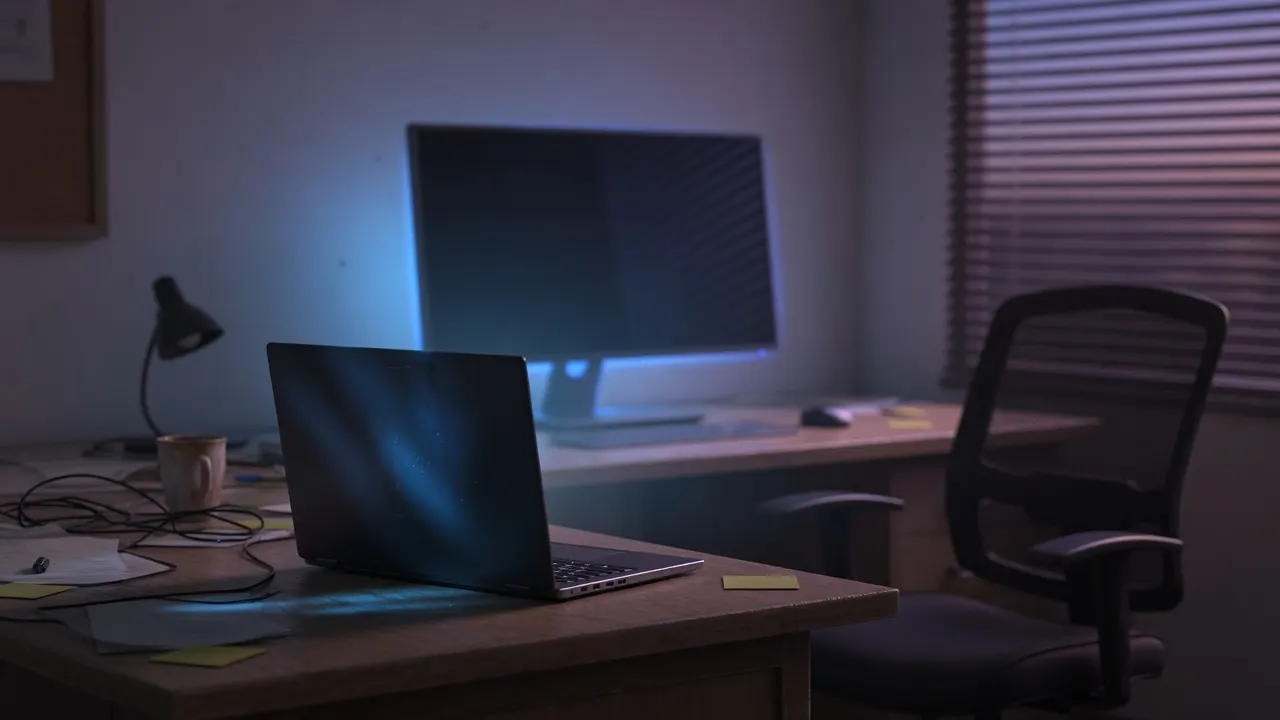 Empty office chair and a closed-lid laptop left on a desk after someone walked away, no readable screen text