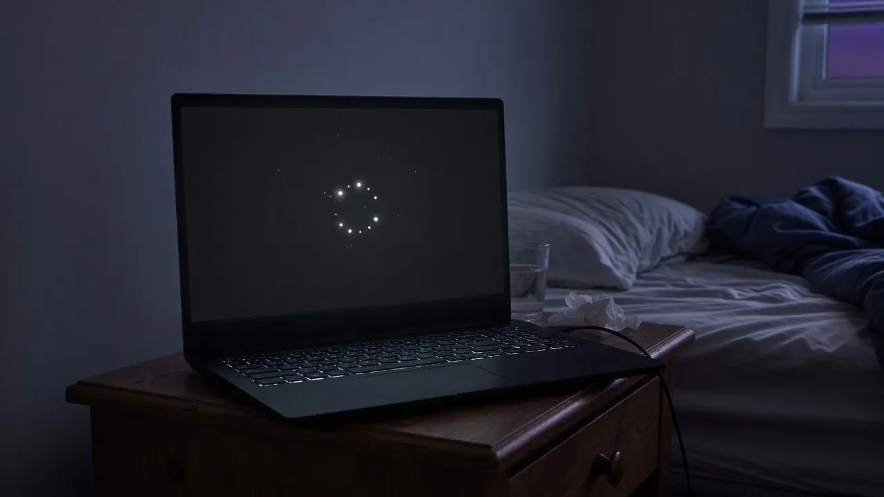 Open laptop in a dark bedroom showing a near-black screen with a faint circular glow, no letters