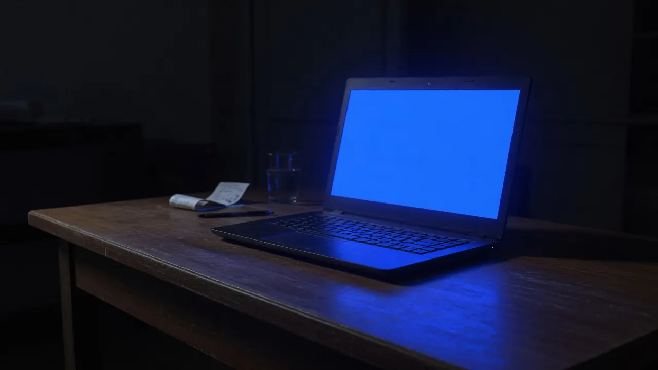 Open laptop in a dark room filling the wooden desk with a solid blue glow, no letters or logos
