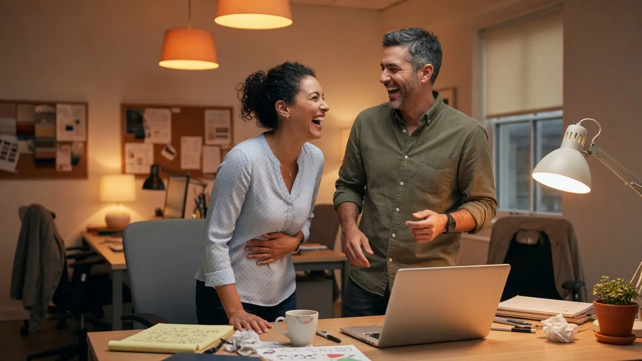 Two coworkers laughing beside a messy desk after a short joke, laptop screen not readable