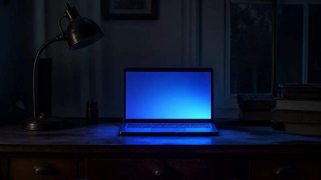 Near-blue laptop glow on an old desk with a CRT-era lamp, no interface labels