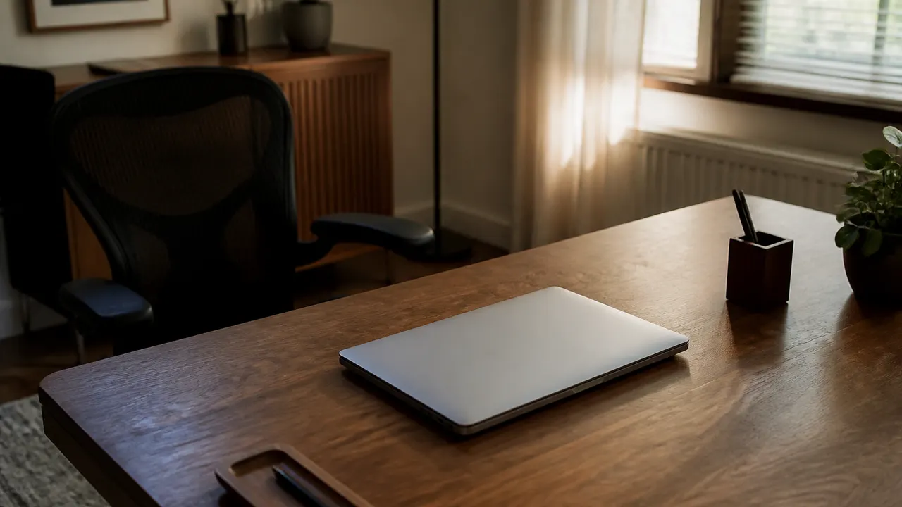 Empty office chair and a closed laptop on a wooden desk, no readable screen text