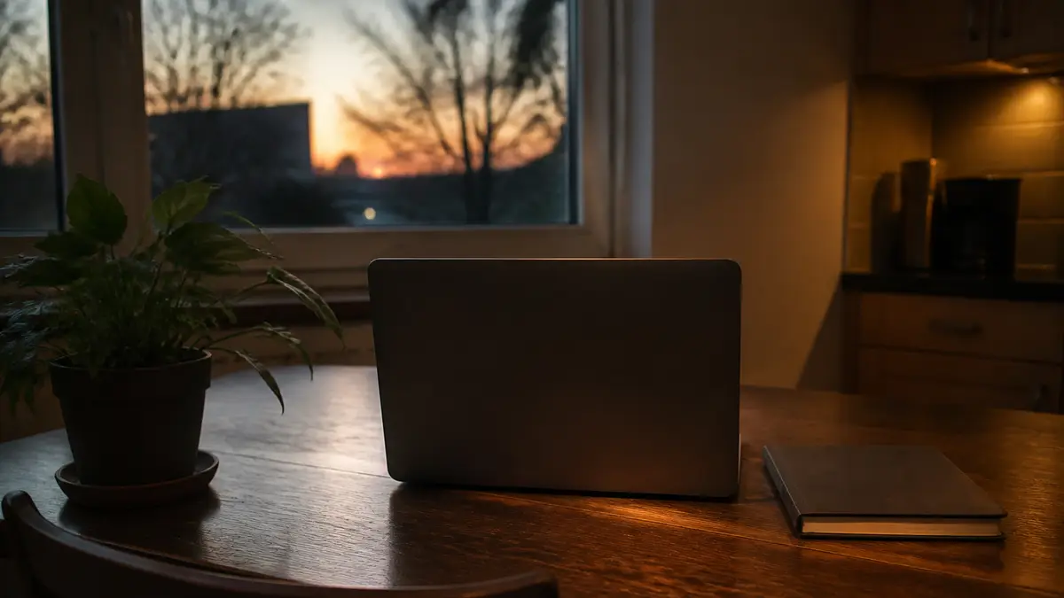 Kitchen-table desk at dusk, laptop facing away beside a plant and a closed notebook