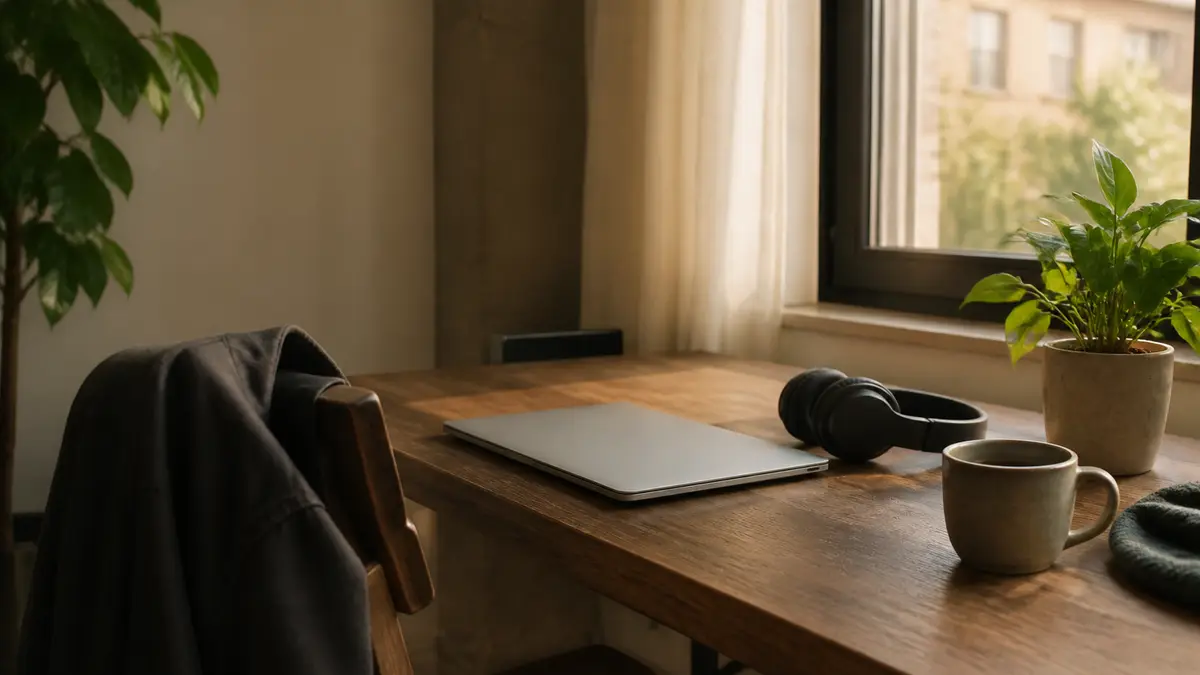 Morning apartment desk with a closed laptop, headphones, and an empty chair with a jacket
