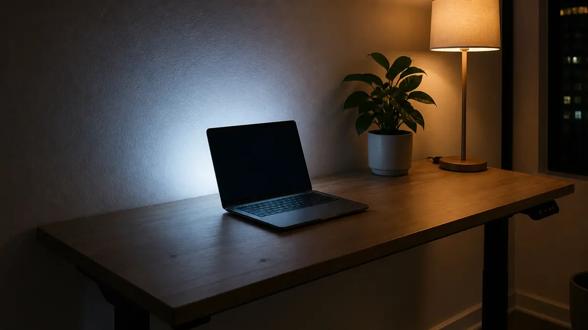 Standing desk at night with an open laptop casting a cool dark glow on the wall