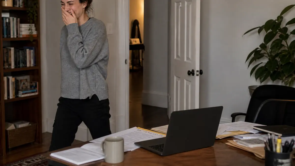 Someone laughing while walking past a desk, laptop lid half closed and turned away