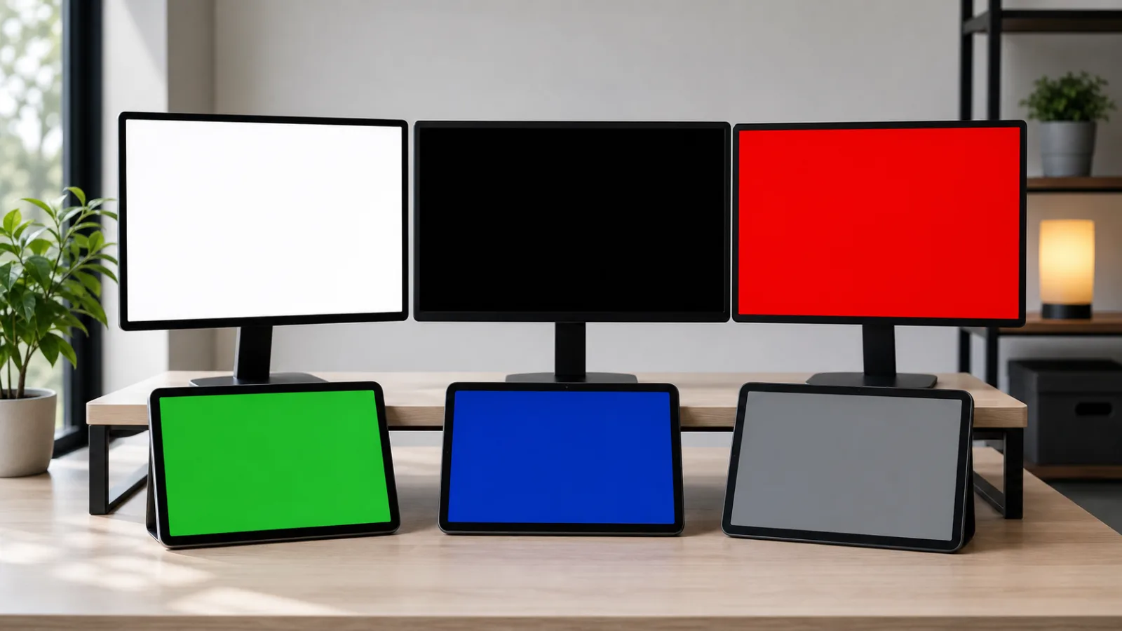 Multiple unbranded screens showing white, black, red, green, blue, and gray color test pages