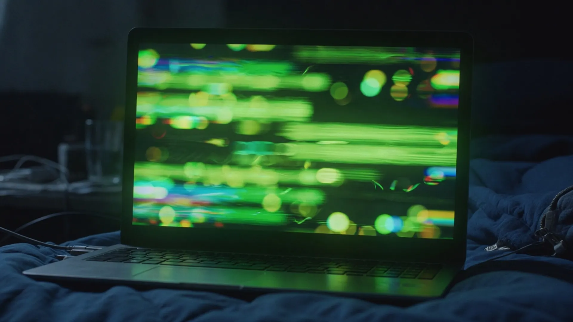Fullscreen laptop in a dark room with an abstract green terminal glow filling the display, unreadable
