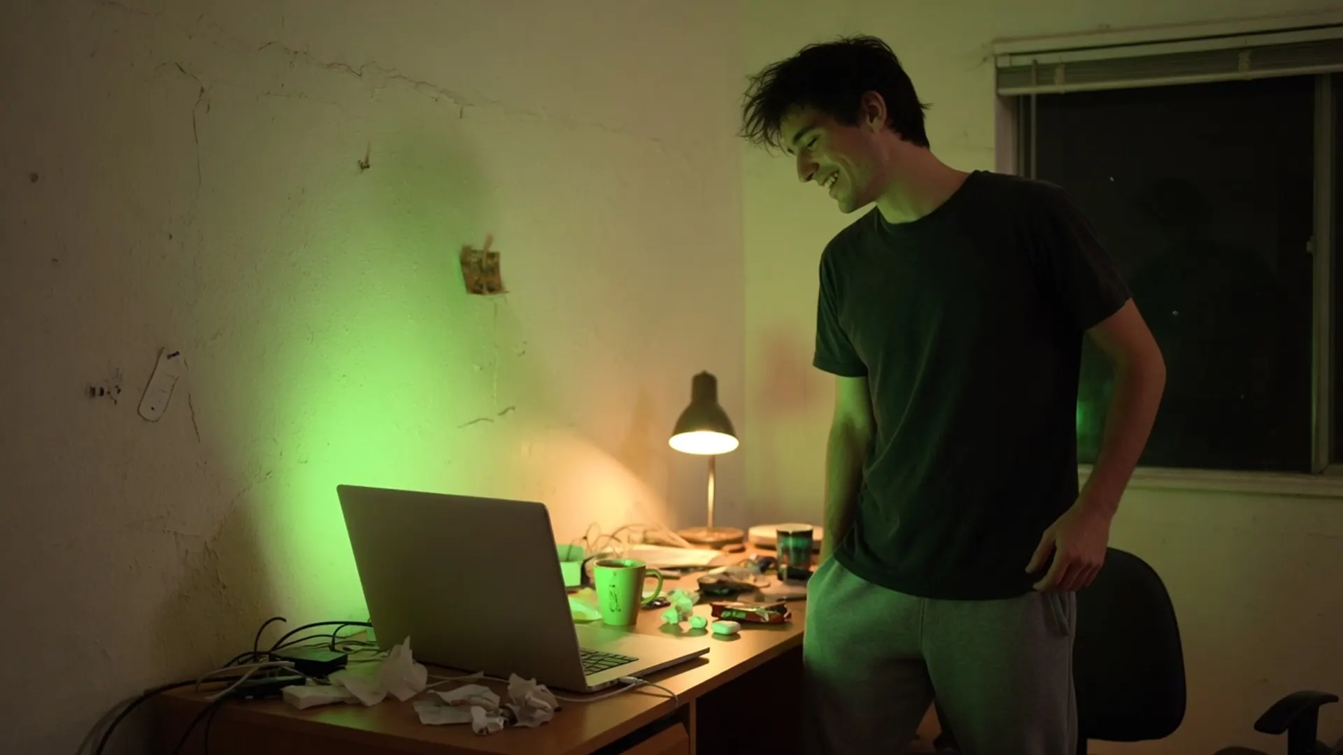 Person stepping back from a glowing laptop after a short prank, green light on the wall, no text
