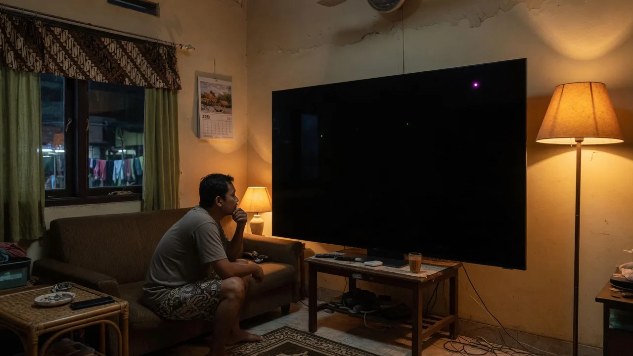 TV OLED di ruang tamu menampilkan black screen full screen untuk cek glow