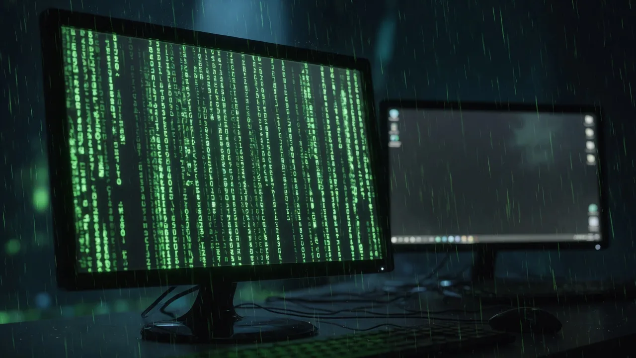 Matrix screensaver hujan kode hijau di monitor gelap