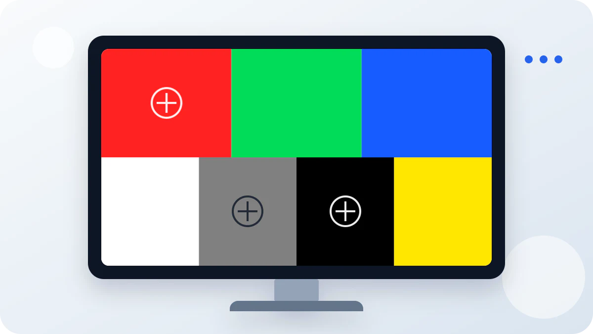 Monitor test color sequence with red, green, blue, white, gray, black, and yellow fields