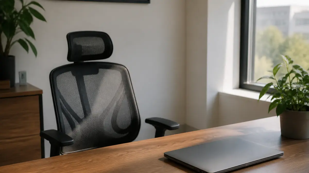 An empty office chair and a closed laptop on a wooden desk in daylight, no readable screen text. This is the start-delay moment before the pink noise overlay runs.